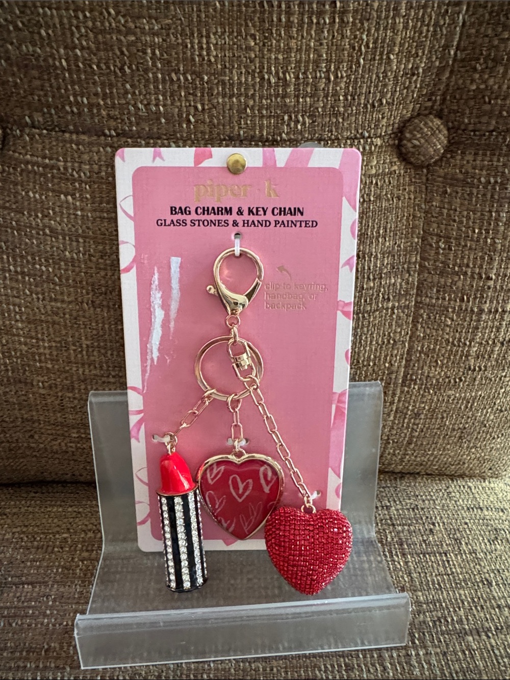 Piper K rhinestone heart lipstick bag charm key chain NWT